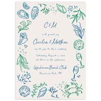 Dive into an ocean of love! These wedding invitations are sprinkled with whimsical nautical illustrations. The ocean-inspired border features seashells oyster shells, champagne glasses, and a charming little crab. Your initials and the date, time, and location of your wedding event are displayed in the center in a playful handwritten font.