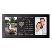 Honor the happy couple with a personalized 5th wedding anniversary photo frame. A treasured and lasting personal keepsake for a wedding or anniversary. The 5th Anniversary picture frame can be hung on a wall or displayed on a table. This special keepsake anniversary gift will always be a wonderful reminder of the love that you have for one another. Honor the happy couple with a 5th wedding anniversary decorative wood photo frame holds 2- 4x6 photos. Words are laser engraved. Please provide names