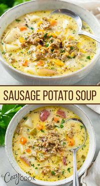 This Creamy Sausage Potato Soup is made with hot or sweet Italian sausage with potatoes and vegetables. it's an easy soup recipe for the stove top or the Crock Pot!