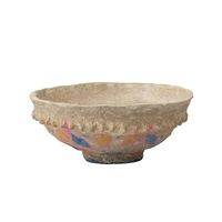 This vintage inspired decorative bowl showcases rustic paper mache construction with hand painted detail; 100% paper mache; 14" L x 14" W x 6" H Size: 14.0"L x 14.0"W x 6.0"H.  Color: Multicolor.