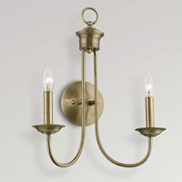 Product Dimensions: 17.3 inches high, 14.0 inches wide. Extends from the wall 5' to 7' inches. Produces a maximum wattage of 120 watts. Uses Candelabra type bulbs. 2 Light Antique Brass Double Sconce is produced by Livex Lighting, Inc.. Finish: Brass. Made out of Metal.