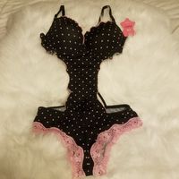 Black With Pink Lace Polka Dot Teddy Made Of 96% Polyester 4% Spandex