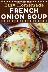 This Easy Homemade French Onion Soup has lots of yummy, sweet caramelized onions in a flavorful broth topped with toasted bread and gooey, melted cheese. It's super simple to make right in your own kitchen. Get the recipe and give it a try! #homemadefrenchonionsoup #frenchonionsoup #onionsoup #soup | nowcookthis.com