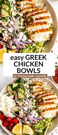 These lemon herb greek chicken bowls are easy to make, healthy and perfect for meal prep. These bowls are high in protein, loaded with veggies and gluten free with homemade tzatziki.