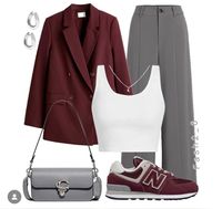 Elevate your fall style with a perfect blend of casual and sophisticated pieces. Pair a structured burgundy blazer with a classic white camisole and tailored grey trousers for a chic, effortless look. Add a grey Coach baguette for a refined touch and finish with burgundy sneakers for a comfortable yet stylish twist. This outfit is ideal for everything from weekend brunches to casual workdays! 🍂👟 #FallFashion #BurgundyBlazer #AutumnStyle #FashionInspo #CasualChic #PinterestOutfits #Fall2024Trends #SeasonalWardrobe