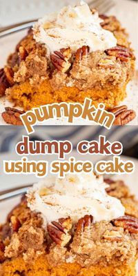 This easy Pumpkin Pecan Dump Cake starts with a simple box of spice cake mix! If you love pumpkin pie, then you'll love this easy pumpkin dessert and it's so much easier to make than pie! Serve it with whipped cream or vanilla ice cream for the perfect fall dessert to enjoy any time!