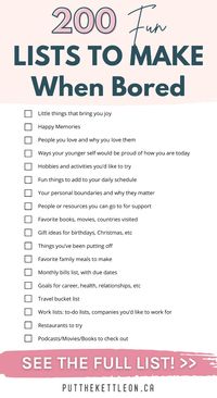 The best list of fun lists of make when bored. Lists for organization, things to do, ideas to improve your mood, work lists and more!