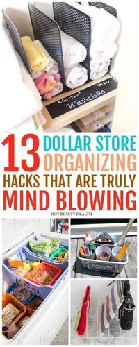 These 13 DIY Dollar Store organizing hacks are insanely clever! Parents that are budgeting should know these because they’re a much cheaper fix. Doesn’t matter if you live in a small apartment or a huge home, these home organization ideas will help your home look less cluttered and you’ll save tons of money! Hot Beauty Health #diy #dollarstorehacks #organization