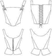 Corset top pattern Misses Extra Small to 3X-Large. DIY your own corset top for romantic, cottagecore, vintage, Edwardian or Renaissance fashion. The idealized figure silhouette of the Elizabethan era (1558-1603) required stiffened supporting undergarments to maintain a slender and visually elongated upper body. Both men and women wore such undergarments, so the early corset-makers were also men's tailors and armor-makers. M' Lady's Corset is representative of the late 16th and early 17th- ...