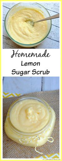 A great way to keep your skin beautiful and healthy is to use a body scrub! This moisturizing homemade lemon sugar scrub will clean your skin and leave it moisturized! This makes a great gift! | DIY, homemade beauty product