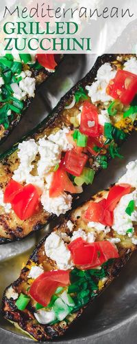 Mediterranean Grilled Zucchini Recipe | The Mediterranean Dish. Quick olive oil grilled zucchini topped with tomato, feta and green onions. Comes together in less than 15 minutes! The perfect appetizer or side dish. Click the image for the recipe or brows