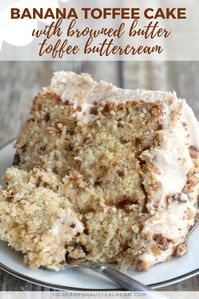 This banana toffee cake is moist and full of banana flavor with the addition of chopped toffee, then covered in rich browned butter toffee buttercream. #bananacake #cakerecipe #buttercream