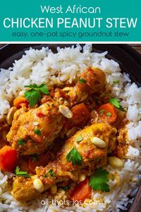 One-pot West African Spicy Chicken Peanut Stew with chicken drumsticks in tomato, garlic, onion, ginger, and peanut butter sauce has a delicious combination of flavors that will make you want to lick the bowl clean! | allthatsjas.com | #peanutstew #groundnutstew #chickenpeanutsoup #WestAfricanStew #allthatsjas #recipes #recipeofthemonth #comfortfood #onepot #chicken #peanutbutter #spicy #stew