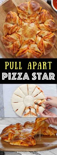 Pull Apart Pizza Star - warm, cheesy and pull apart Pizza! The easiest and fun pizza recipe that can be prepared in 5 minutes and ready in 20 minutes. All you need is only 5 ingredients: refrigerated pizza dough, marinara sauce, shredded mozzarella, egg and water. The perfect snack, lunch or quick dinner. Fun for game day too, and you will wow your guests! Quick and easy recipe. Party food, easy dinner. Video recipe. | Tipbuzz.com