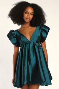 The Lulus Dramatic Dreams Dark Teal Taffeta Ruffled Babydoll Dress is the only reason we need to get dressed up! Shiny, woven taffeta shapes this stunning dress with a darted bodice, plunging V-neckline, and a low scoop back, framed by dramatic ruffled sleeves (with no-slip strips). The babydoll silhouette features an empire waist that tops an A-line mini skirt that ends at bubble hem. Hidden back zipper/clasp. Length: Above mid-thigh. Size small measures 32.5" from shoulder to hem. Fabric: Fabr