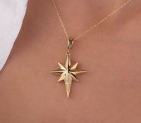 Our north star pendant necklaces are made of 14k solid gold. They are absolutely unique styles that everyone loves them!  One of our gold pole star charm (Style - With Stone) is decorated with zircon stones that look charming, the other is made of solid gold also however it has not zircon stones on it (Style - Without Stone). Both of these starburst necklaces will accompany you every day and everywhere with their dainty style.  If we talk about their features: - Style/Without Stone: The height of the pendant is 29.35 mm. The width of the pendant is 19.02 mm. The tickness of the pendant is approx. 3.14 mm -Style/With Stone: The height of the pendant is approx. 33 mm. The width of the pendant is 20 mm. When you consider our gold north star necklaces as a gift, they will make your loved ones