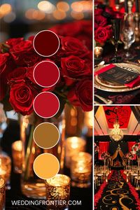 A red, black, and gold wedding theme combines elegance and drama, featuring deep red roses, black velvet accents, and golden details, creating a sophisticated atmosphere perfect for a memorable celebration.