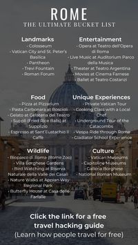 Here is a Rome bucket list. 30+ Things to do in Rome.  Click the link for a free travel hacking guide.