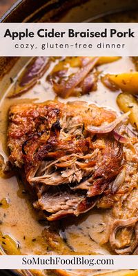 This Apple Cider Braised Pork Shoulder is an easy one-pot dinner recipe that is so cozy and perfect for the fall months. Tender pork cooked low and slow in a bath of fresh apple cider, onions, apples, and fresh herbs.