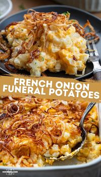 French Onion Funeral Potatoes are diced hash browns in a rich, cheesy sauce, topped with homemade crispy fried onions. I thought about this delicious twist on the more classic Funeral Potatoes (topped with crushed cornflakes) but with fried onions instead!