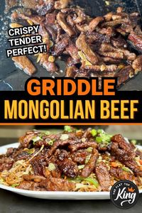 Looking for new Blackstone griddle recipes to satisfy your Chinese takeout cravings!  This Mongolian beef has a simple homemade sauce and cooks up in less than 20 minutes on the griddle!  The crispy Asian beef is so dang tasty, and even our kids loved it!