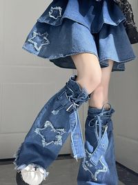 ❤Gradient Wash Denim Skirt + Denim Suspender Top + Leg Warmers❤