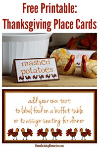 Free Printable: Thanksgiving Turkey Place Cards - add your own text to label food on a buffet table or to assign seating at dinner