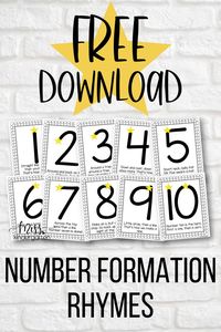 These FREE number formation rhymes are perfect for a preschool or kindergarten classroom. Help your students learn correct number formation using these simple and easy-to-remember rhymes! Grab this free printable to display the number rhymes in your classroom.