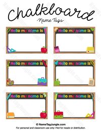 Free printable chalkboard name tags. The template can also be used for creating items like labels and place cards. Download the PDF at http://nametagjungle.com/name-tag/chalkboard/