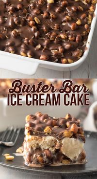 Buster Bar Ice Cream Cake Recipe: All the amazing layers of Dairy Queen Buster Bars in an easy 5-ingredient treat! Ice cream, fudge, red skinned peanuts, and chocolate coating. #ASpicyPerspective #fudge #summer #frozen