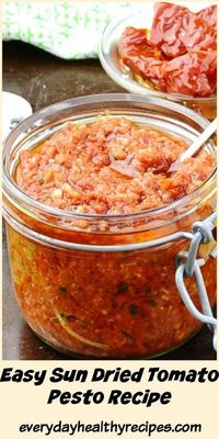 Easy Sun Dried Tomato Pesto Recipe comes together in minutes and can be added to sauces, sandwiches, pasta or enjoyed as a dip. #pesto #pestopasta #pestorecipe #sundriedtomatoes #saucerecipes