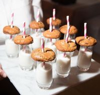 Milk and Cookies Dessert Table Kit Plastic Milk Glasses w/Striped Paper Straws for Appetizer Catering Display Shower Treats Wedding Brunch Create a whimsical and fun dessert display with this milk and cookies dessert table kit! Featuring plastic milk glasses with striped paper straws, this kit is perfect for appetizer catering displays, showers, weddings, brunches, and more. Made from high-quality materials, this dessert table kit is durable and easy to use, making it a practical choice for any