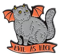 ECTOGASM EVIL AS HECK DEVIL CAT ENAMEL PIN - Surely we all know a kiity or two who thinks they're Evil As Heck. This enamel pin by Ectogasm features a fat, furry gray cat with orange bat wings and horns. It has a double clutch backing to keep the pin securely in place.