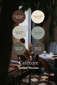 Add the soulful charm of cafécore aesthetic to your space. Sophisticated and moody, these hues create a warm ambience that invites you in and warms the heart just like a cup of joe. Tap this pin to order FREE color chip samples from the palette. #SherwinWilliams #DIY #InteriorDesign #Color #Inspiration #Paint #Decor #HomeImprovement #HomeDecor #ColorPalette #PaintColorPalette #Cafécore