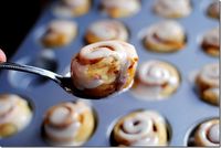 MUST TRY! Mini Cinnamon Rolls - so simple! Flatten Crescent rolls; cover with butter, cinnamon, and brown sugar; roll into log and slice into mini rolls; place in muffin pan; bake 8 to 10 min. or until golden brown. Icing: 3/4 cup powdered sugar; 1 tbsp skim milk; 1 tsp maple syrup.