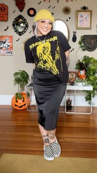 vans beanie, iron maiden tee, black satin midi dress, checker vans