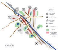 Week 1 Hello! I'm an architect from Moldova. Here's the map of our capital, Chisinau. Of course, labeled areas may contain different functions, i.e. rezidential buildings with commercial facilities and so on. But I indicated the main function, as perceived by city's inhabitants.