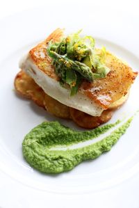 Natalie's Daily Crave | Seared Sea Bass with Basil-Pea Puree, Crispy Parmesan Potatoes, and Asparagus Slaw