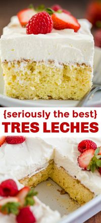 Tres Leches Cake has a soft and ultra-moist crumb. This authentic Tres Leches Cake recipe is soaked with a 3 milk mixture and topped with whipped cream. #tresleches #treslechescake #treslechescakerecipe #mexicancake #cake #cakerecipe #moistcake #natashaskitchen