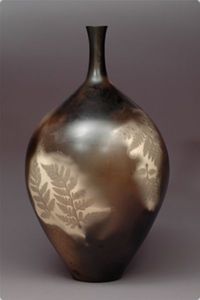 Smoke fired Vessel with fern shadow 45 cm h x 25 cm w