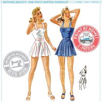 "This listing is for an E-Pattern to print yourself at home on your home printer's USA letter and A4 sized paper. --- DESCRIPTION --- A Resto-Vival pattern based on on original early 1940s swimsuit to make yourself. The original description read: \"Misses' and Women's Play and Bathing Suit- This figure-flattering costume for sun exposures is made with a fitted bodice which is joined to the brief skirt and shorts at the waistline under a belt. The pointed godets of the skirt may be outlined in ri