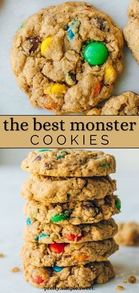 These are the best soft, chewy and thick monster cookies. Super easy to make and loaded with oatmeal, peanut butter, M&M’s and chocolate chips. This is going to be your new favorite cookie! | how to make monster cookies | homemade monster cookies | monster cookies recipe easy | monster cookies with oatmeal | monster cookies with peanut butter | monster cookies with m&ms | best monster cookies recipe | monster cookies with leftover halloween candy | m & m cookies recipes | best cookie recipes