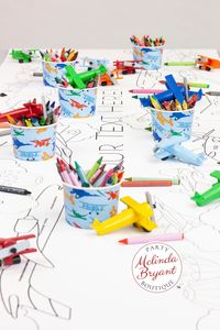 "Keep the party moving while you wait for guests to arrive, transition between activities, and as you serve refreshments. A personalized, airplane themed coloring table runner is the secret to a stress-free party. At 4', 6', 8', or 10' long, you can be sure there's room for everyone. Kids love to collaborate and share their ideas. Coloring as a group helps even the shyest kids to feel comfortable. Runners are printed on heavy matte paper -- perfect for crayons, markers, colored pencils, paint...