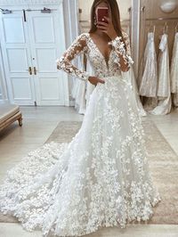 Elegant V-neck Long sleeves A-line Lace applique Wedding Dresses,WD3052 This dress could be custom made, there are no extra cost to do custom size and color. Description 1. Material: lace, applique, tulle, pongee.2. Color: it can be in custom color, please contact us and tell us dress number, then we will send you more colors to choose.3, Size: can do both standard size and custom size. If you need do custom sized dresses, please send us following measurements or leave a note when place an order