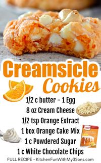 These Orange Creamsicle Cookies are bursting with orange flavor – just like the beloved creamsicle frozen treat! These soft and chewy orange cookies are so easy using a cake mix combined with cream cheese and then loaded with white chocolate chips.