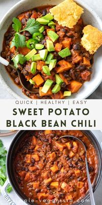 Sweet Potato Black Bean Chili recipe for a thick and hearty vegan chili that's easy to make using mostly pantry staples that are easy to find! GF + WFPB. #veganchili #sweetpotato #blackbeanchili