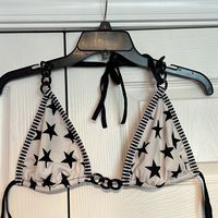 Brand New Blk & White Stars Bikini Top, Size Large W/ Blk Chain Detail!