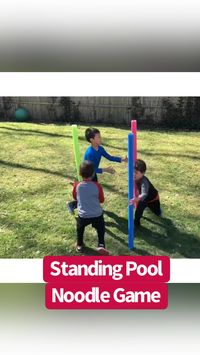 Standing Pool Noodle Game 🌈 ages 4+ 🌈 This game is so simple and the boys loved it!  There are many ways to play this game, but we chose to make it a team activity. Start with everyone holding a pool noodle straight up. Then say "1,2,3 GO!" and everyone lets go of their noodle and moves in a clockwise direction to the next noodle. The goal is to keep all the noodles standing for as many rounds as possible. After 5-6 moves, I had the boys take a step out to make it a little more challenging. My older boys liked moving the noodles really far apart then running as fast as they could to try and keep them from falling. So fun and great for building balance, teamwork and gross motor skills!