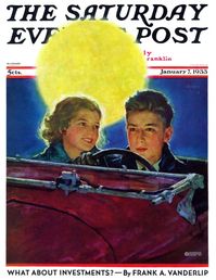 “Moonlit Car Ride” by Eugene Iverd for The Saturday Evening Post January 7, 1933 — The boy of her dreams is even more breathtaking under the glowing moon. #thesaturdayeveningpost #moonlitcarride #eugeneiverd #weeklynewsletter #1933