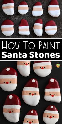 Transform smooth stones into adorable Santa stones to use, give and display at Christmas. With just a few bands of colour, kids and adults can easily paint these stones. 10 Ways to use your Santa stones suggested in the post. #HappyHooligans #Santa #Christmas #Crafts #Kids #Stones #Art